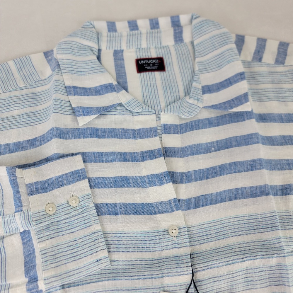 UNTUCKit Vietti Linen Button Down Shirt Striped Casual Top Beach Blue White 12